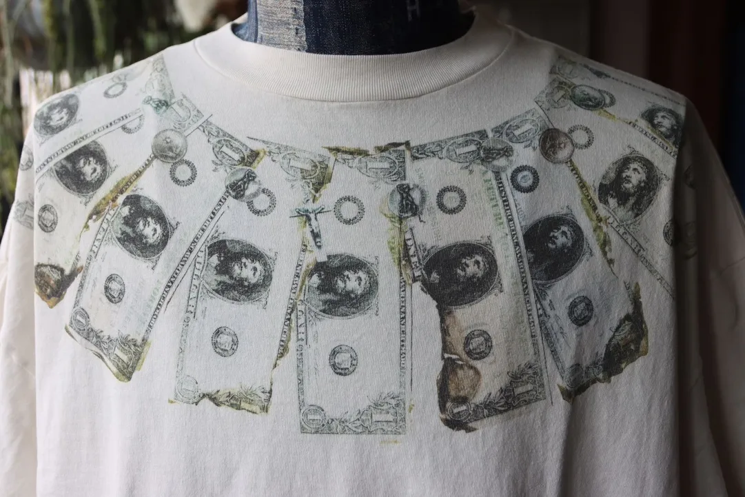 SAINT Mxxxxxx MONEY TEE/WHT dollar necklace, retro short-sleeved, off-white S-XL, ready-to-wear, washed and distressed, authentic level printing, correct accessories/with little angel logo